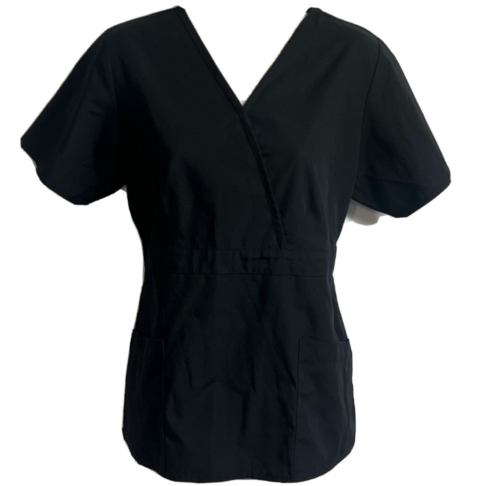 Dickies womens faux wrap v neck black scrub top pockets stretch short sleeve s